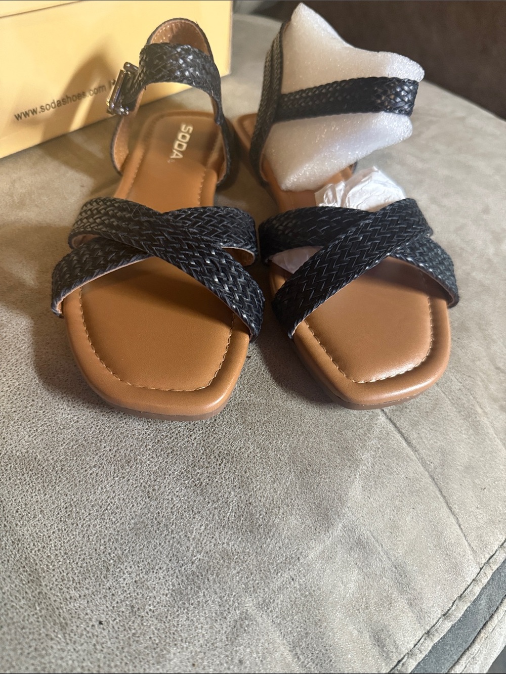 Soda Women's Black Braided Strap Open-Toe Sandals with Tan Footbed